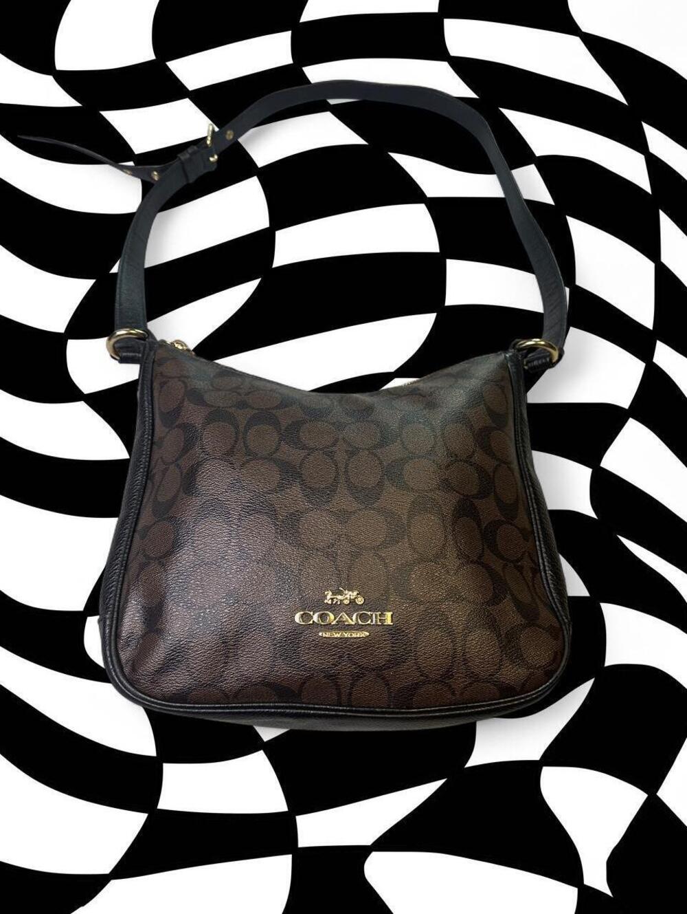 Coach brown & black signature monogram leather shoulder bag